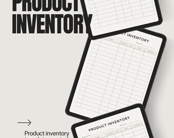 May include: A digital product inventory template on a tablet screen. The template has columns for product name, quantity, cost, and purchase date.