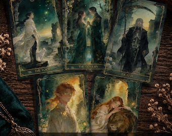 May include: A collection of tarot cards with fantasy art. The cards feature illustrations of figures and scenes, including "The Fool," "The Lovers," and "Death." The text "ELVEN ARCANA" is at the top. The deck includes 78 cards and a guidebook, available for instant download.