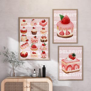 Strawberry Dessert Print Set: Pink Kitchen Wall Art (Digital Download)
