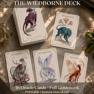 May include: The Wildborne Deck oracle card set featuring 36 cards and a guidebook. The cards display illustrations of mythical creatures including The Crystalhide, The Bloomtail, The Briarcat, The Glasswing, and The Sunmoth with gold borders.