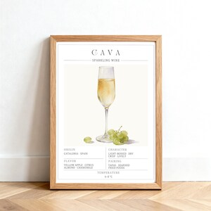 May include: A framed print featuring a watercolor illustration of a champagne flute filled with sparkling wine, accompanied by grapes. The print includes the word "CAVA" and details about the wine's origin, flavor, character, and suggested pairings.