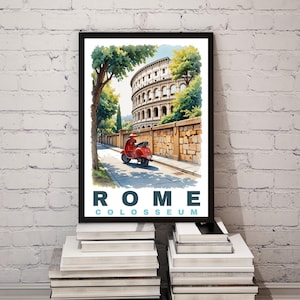 Rome Colosseum Wall Art Print | Italian Travel Poster with Vespa | Roman Landmark Digital Download | Rome Architecture Printable