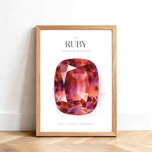 Puede incluir: Una impresión enmarcada con una ilustración de acuarela de una gema de rubí. El texto en la parte superior dice "July Ruby The Stone of Vitality". Debajo de la gema, el texto dice "Love Courage Prosperity."