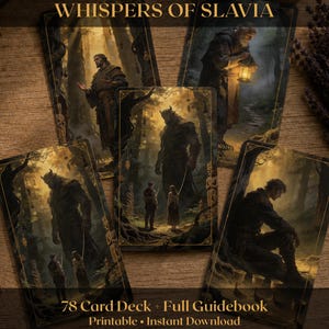 May include: A collection of tarot cards with fantasy art. The cards feature illustrations of figures in a forest setting, with the text "WHISPERS OF SLAVIA" at the top. The bottom of the image reads "78 Card Deck + Full Guidebook Printable • Instant Download."