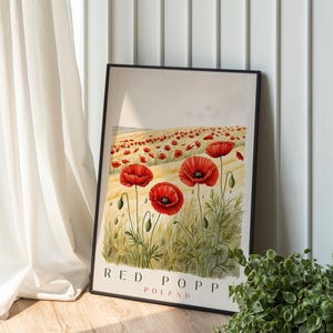 Red Poppy Field Art Print: Polish Landscape, Botanical Wall Decor (Digital Download)