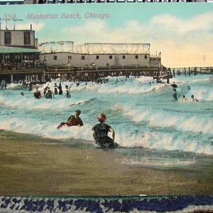 Uitzicht op antieke ansichtkaart: 'Mahattan Beach, Chicago'