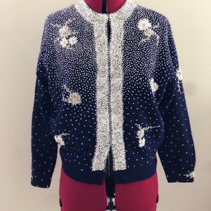 Vintage 1950s Beaded Cardigan / Fifties Knit S M