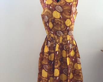 1950s Abstract Paintily Fruit Print Day Dress XS S.