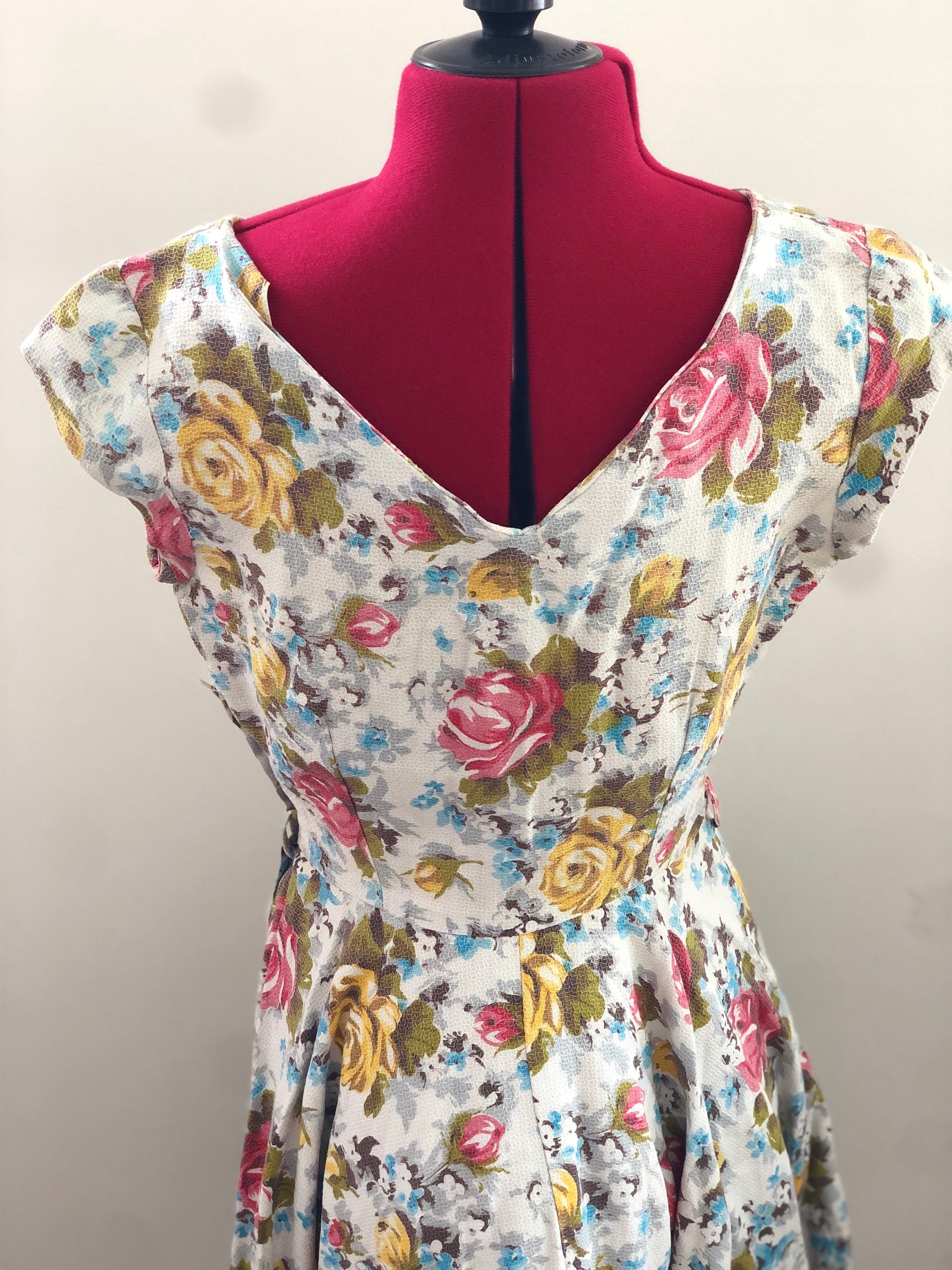 1950s Green Rose Print Dress | XS/S