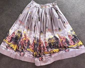 1950s Skirt / Border Print 50s Skirt / Fifties Novelty Print Skirt / 50s scenic print skirt