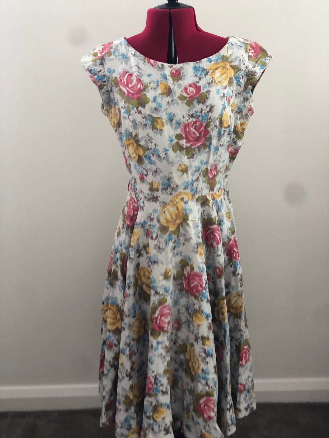 Vintage 1950s Blue Pink Rosebud Print Dress by Reybro Model | S/M