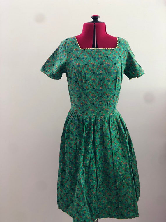 1950s 1960s Green Floral and Check Print Dress XS 