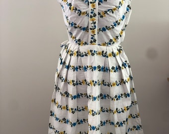 1950s Blue Yellow and White Daisy Print Dress / Fifties Tea Dress Size XS Small