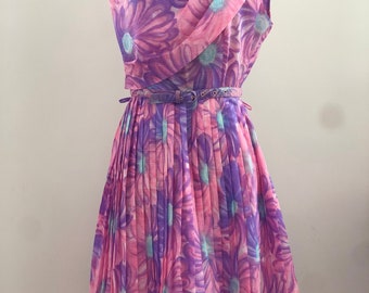 1960s Floral Sherbt Dress / 1960s Daisy Print Chiffon Tea Dress S XS