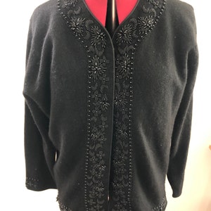 Vintage 1950s Beaded Cardigan / Fifties Sixties Black Knit Medium Large