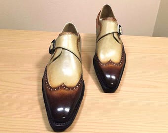 Bespoke Two-Tone Leather Wingtip Shoes: Handcrafted Monk Strap