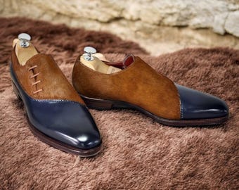 Handmade Two Tone Leather Shoes: Blue Patent & Brown Suede