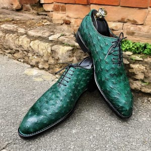 Skin Smith Bespoke Men Handmade Green Ostrich Leather Lace Up Formal Oxford Shoes.