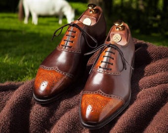 Tweekleurige bruine leren oxfordschoenen: op maat gemaakte formele schoenen met kap