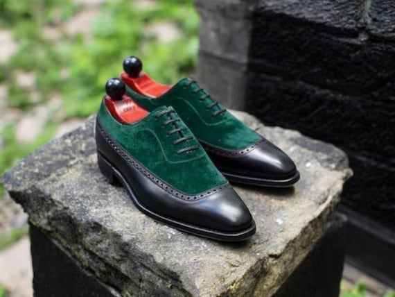 Green Suede & Black Leather Oxford Shoes: Bespoke Lace up 
