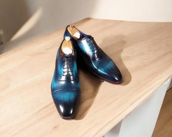 Handmade Sky Blue Leather Oxford Shoes: Men's Bespoke Cap Toe
