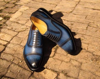 Handmade Sky Blue Leather Oxford Shoes: Men's Bespoke Cap Toe Dress Shoes