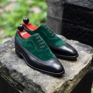 Skin Smith Bespoke Men Two Tone Green Suede & Black Leather Lace Up Formal Oxford Shoes.