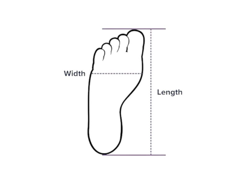 May include: A black and white illustration of a foot, with dotted lines indicating width and length measurements. The word "Width" is labeled on the left, and "Length" is on the right, providing a visual guide for foot size.