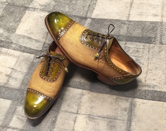 Tweekleurige groene leren oxfordschoenen: handgemaakte geklede schoenen