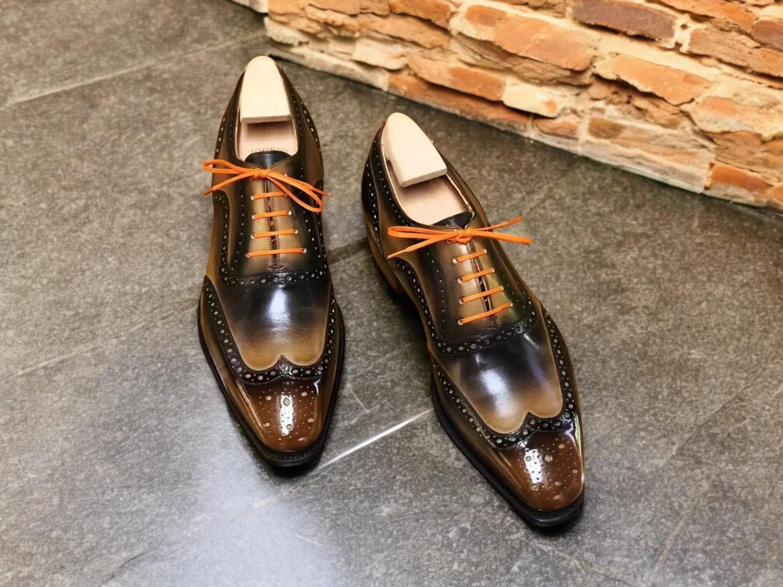 Handcrafted Leather Wingtip Brogue Shoes: Forest Patina Two  display picture 2