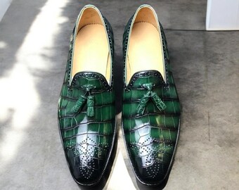 Bespoke Green Leather Slip-On Loafers: Handmade Men's Moccasins