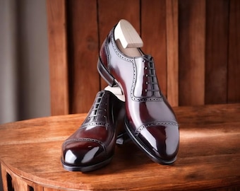 Burgundy Leather Oxford Shoes: Men's Bespoke Cap Toe Dress Shoes