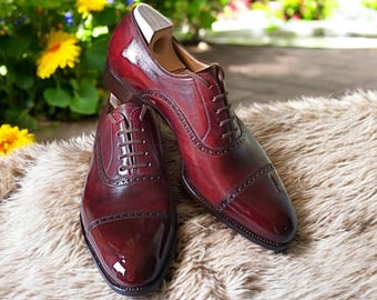 Bespoke Burgundy Calf Leather Oxford Shoes: Handcrafted Goodyear Welted