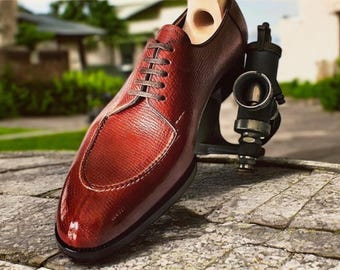 Handcrafted Red Leather Derby Shoes: Bespoke Men's Formal Fashion