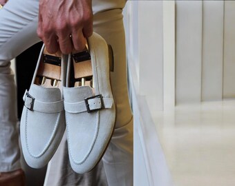Skin Smith Bespoke Men Handmade White Suede Slip On Moccasin Loafer Shoes.