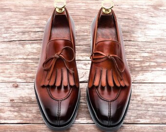 Handmade Leather Fringe Loafers: Men's Light Brown Slip-On Moccasins