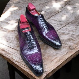 Skin Smith Bespoke Men Purple Crocodile Shaded Leather Lace Up Shoes, Men Fashion Formal Shoes.