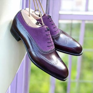 Skin Smith Bespoke Men Handmade Two Tone Purple Suede & Leather Lace Up Wingtip Formal Shoes.