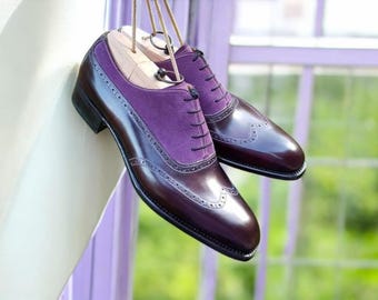 Handgemachte zweifarbige Leder Flügelspitze Schuhe: Lila Wildleder Schnürer