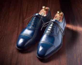 Handmade Blue Leather Cap Toe Oxford Shoes: Bespoke Men's Formal Wear