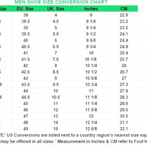 May include: Men's shoe size conversion chart with US, EU, UK sizes, inches, and centimeters. Includes sizes 5 to 16, with corresponding measurements. The chart is designed to help customers find the right shoe size.