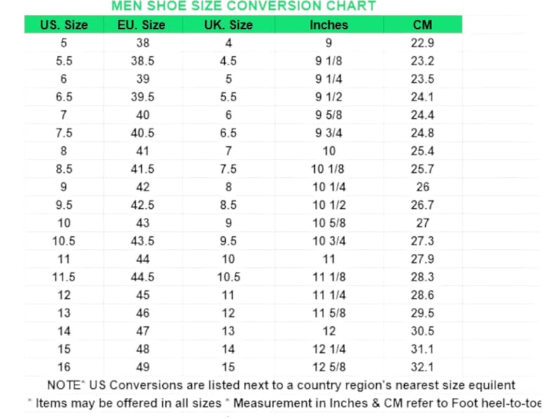 May include: Men's shoe size conversion chart with US, EU, UK sizes, inches, and centimeters. Includes sizes 5 to 16, with corresponding measurements. The chart is designed to help customers find the right shoe size.