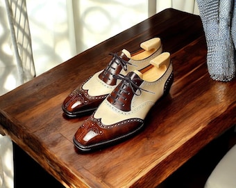 Bespoke Two-Tone Leather Wingtip Brogue Shoes: Handcrafted Men's Formalwear