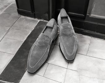 Handcrafted Grey Suede Moccasin Shoes: Bespoke Leather Slip-Ons