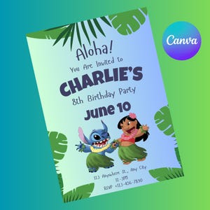 Invitation d'anniversaire de Lilo et Stitch | Invitation de fête bleue | Modèle numérique modifiable Canva | Téléchargement instantané