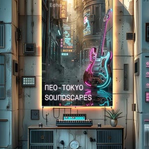 May include: A neon-lit image of a guitar against a futuristic cityscape backdrop. The guitar is outlined in pink and blue neon, with the words "NEO-TOKYO SOUNDSCAPES" displayed below. A sound mixing console and a potted plant sit on a wooden cabinet.