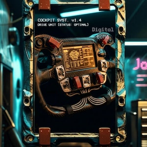 Arte de volante de Fórmula Racing, impresión de cabina cyberpunk, póster de ingeniería techwear, decoración gamer