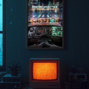 Cyberpunk Car Dashboard Poster Retro Futuristic HUD Wall Art Rainy Neon Print Decor