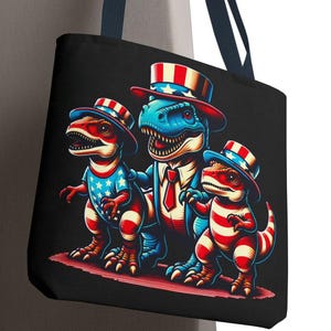 Patriotic Dino Parade Tote Bag, Fun Dinosaur Design, Eco-Friendly Shopping Bag, Gift for Dino Lovers, Perfect for Summer Adventures
