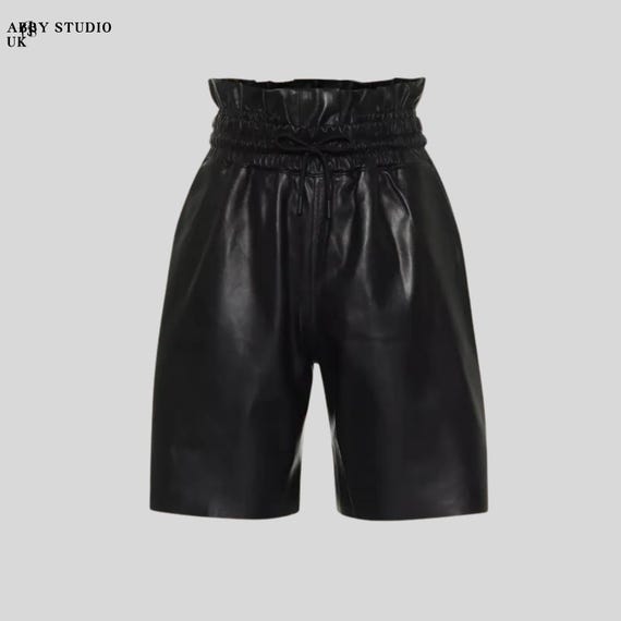 Handmade Black Leather Cargo Shorts: High-waisted Biker Style